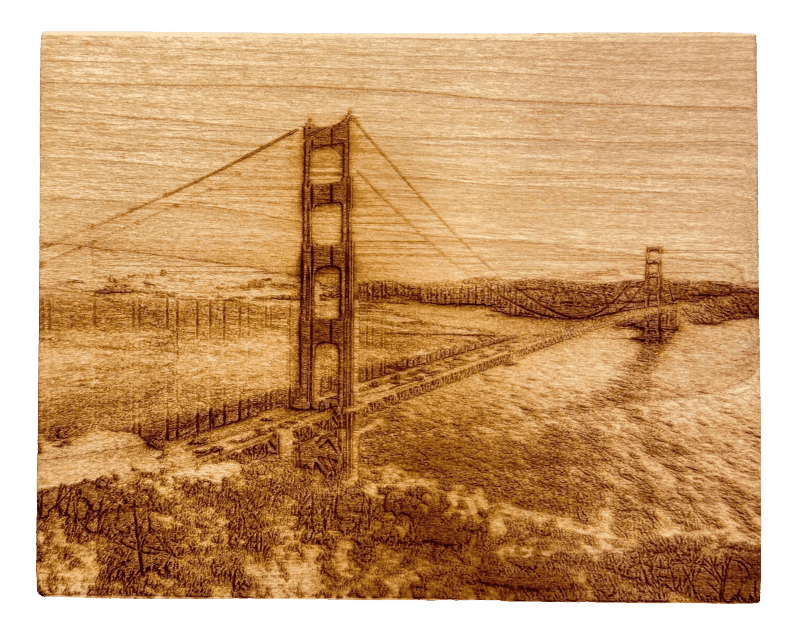 Golden Gate Bridge laser engraved wood plaque — hand finished in California
