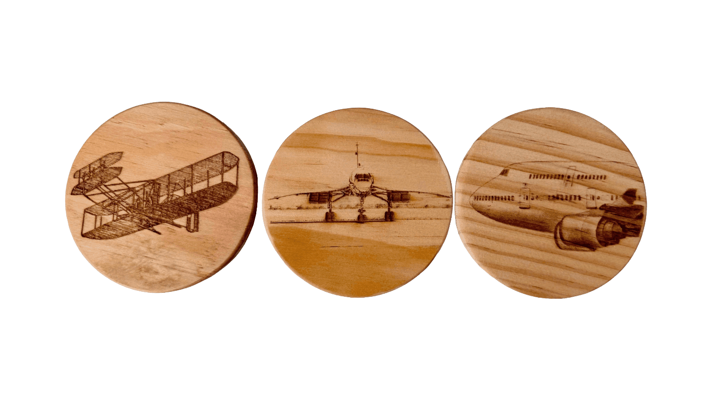 Landmarks of Aviation Coaster Series — laser engraved wood