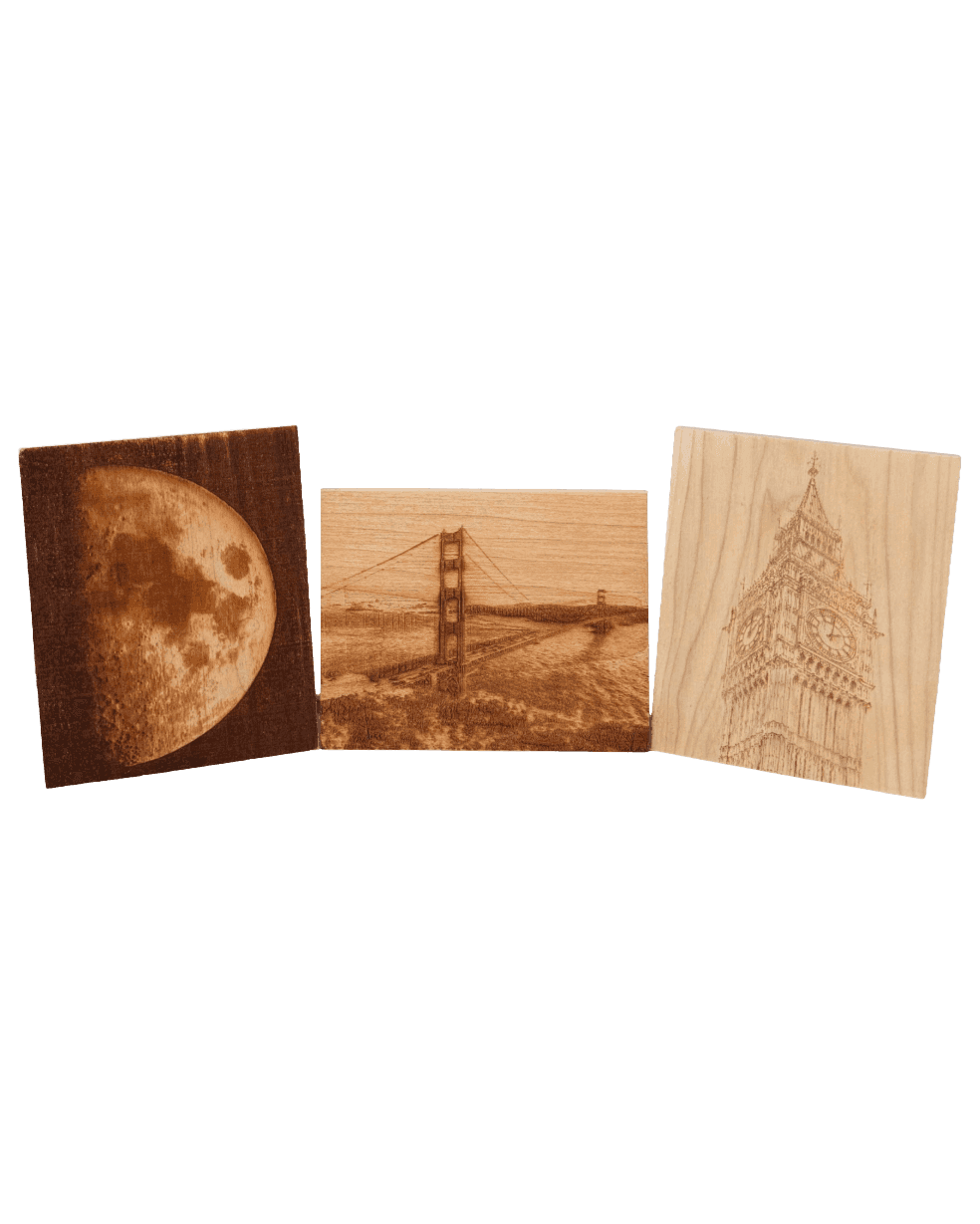 Stone, Steel, and Sky Triptych, engraved poplar